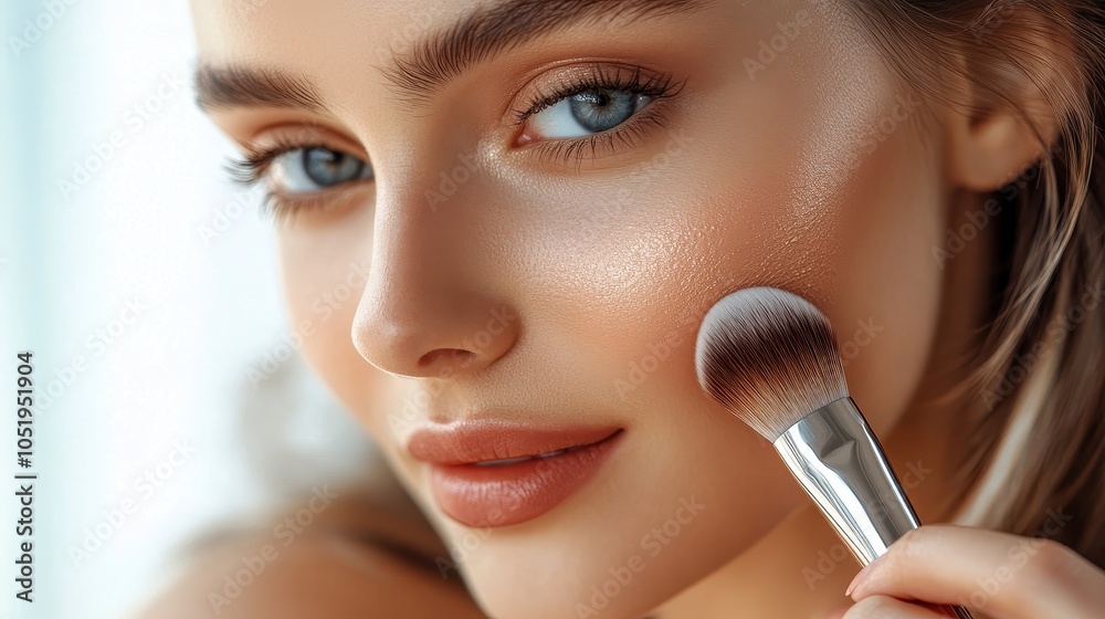 Closeup portrait of a woman applying dry cosmetic tonal foundation on the face using makeup brush Closeup portrait of a woman applying dry cosmetic tonal foundation on the face using makeup brush