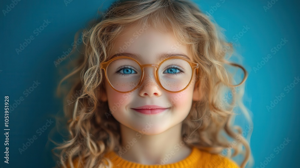a joyful little girl with curly blonde hair and oversized eyeglasses, radiating innocence and charm against a solid blue background, perfect for capturing youthful spirit a joyful little girl with curly blonde hair and oversized eyeglasses, radiating innocence and charm against a solid blue background, perfect for capturing youthful spirit