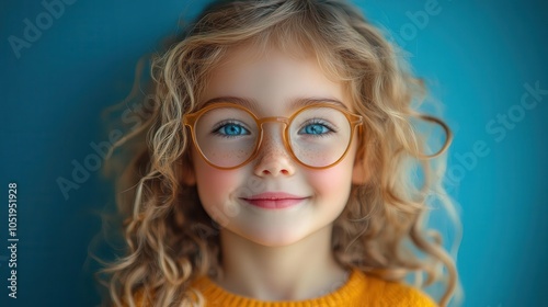 a joyful little girl with curly blonde hair and oversized eyeglasses, radiating innocence and charm against a solid blue background, perfect for capturing youthful spirit