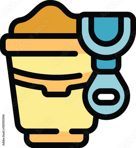 Simple cartoon style vector illustration of a yellow bucket filled with sand and a toy shovel