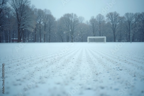 snowy soccer field with a white goalpost in the distance surrounded by leafless trees under a cloudy sky