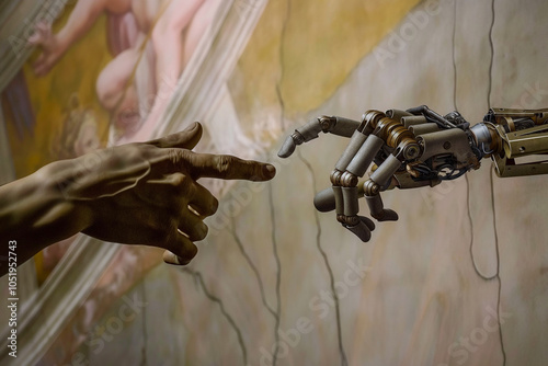 A cyborg finger touching a human finger, modern remake of The Creation of Adam. Technology meets humanity, biology vs technology. Machine learning, AI progress, big data, digital Interface