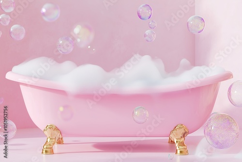 Bubble Bath Day luxury bathtub with brass legs full of foam and bubbles, holographic bubbles flying around