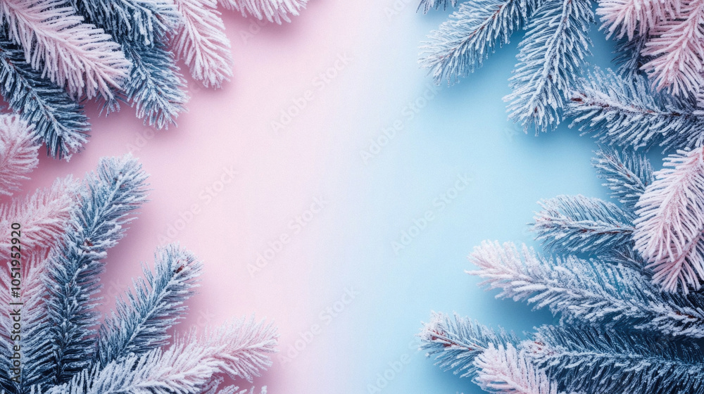 Fototapeta premium A blue and pink background with a row of evergreen trees with frost on them. The trees are arranged in a way that they form a frame around the background. Concept of tranquility and serenity