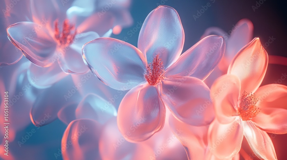Close-up of delicate pink and white flowers with a blue and orange glow, creating a soft and ethereal background.