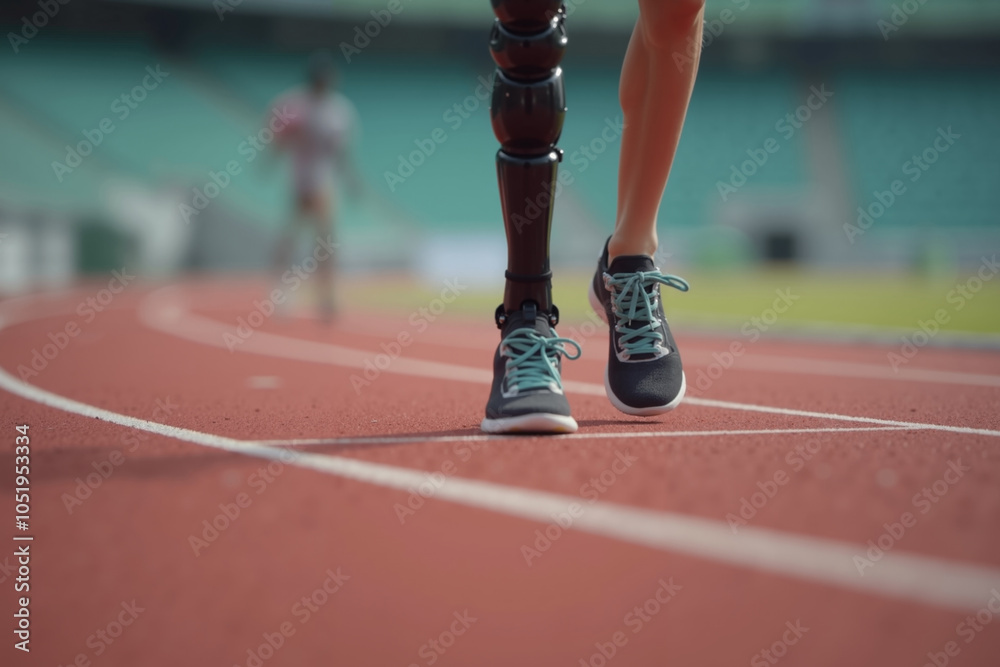 prosthetic leg running on a red track in the background. prosthetic leg running on a red track in the background.