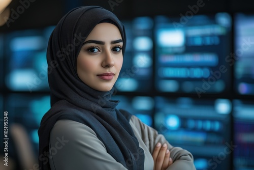 A woman in a hijab intensely focuses on her work in a control room, surrounded by multiple digital screens displaying complex data and analytics