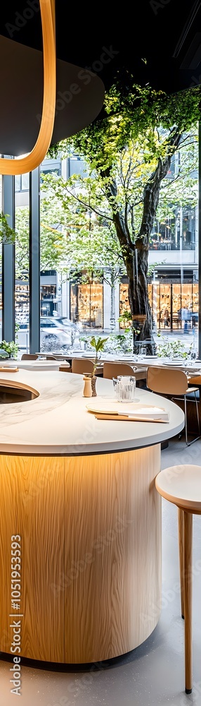 Modern Cafe Interior with Wooden Table and City View. Modern Cafe Interior with Wooden Table and City View.