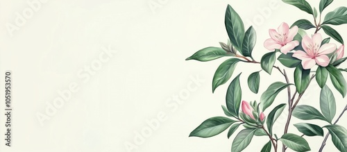 Floral illustration with pink flowers and green leaves, delicate botanical design