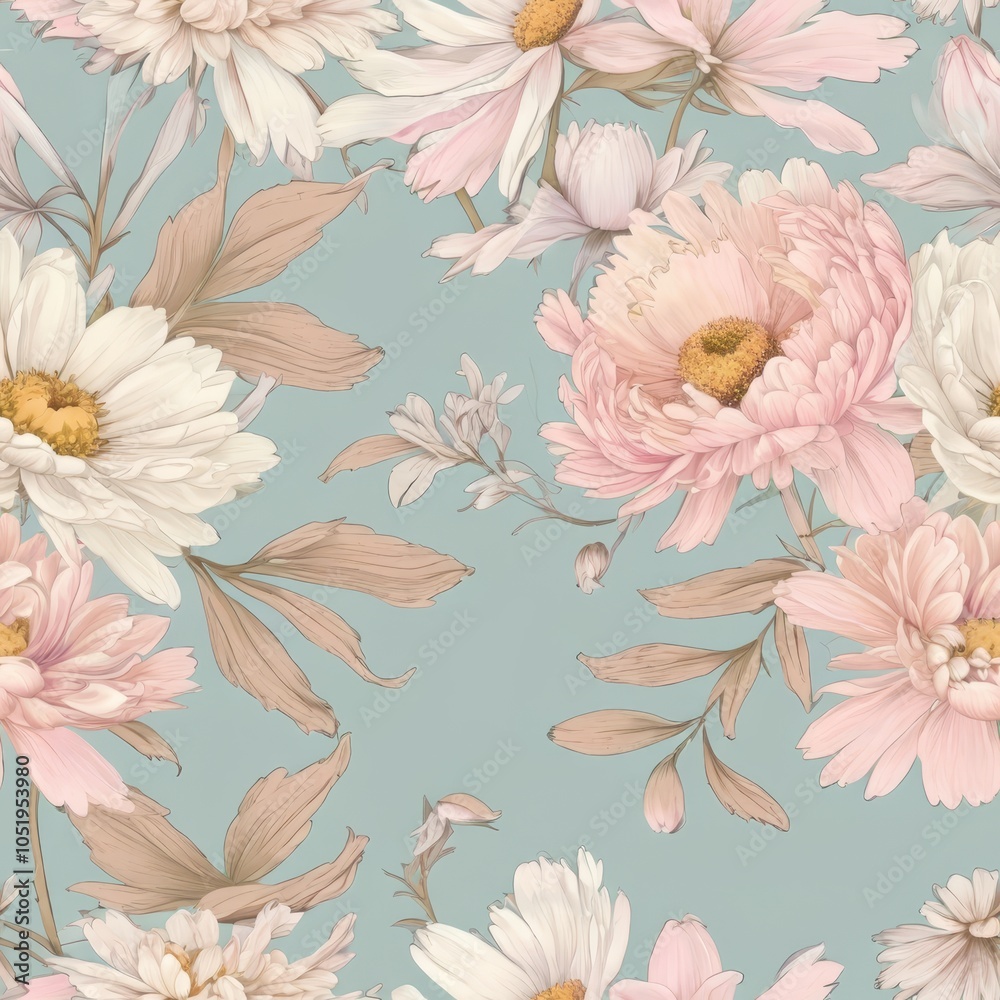 Obraz premium Seamless Soft Floral Design with Daisies and Peonies in Muted Pastel Tones