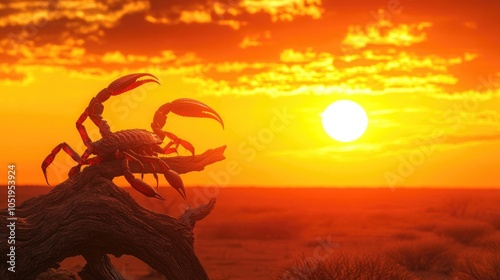 Scorpion Silhouette on Branch with Sunset Background: A Dramatic Desert Scene photo