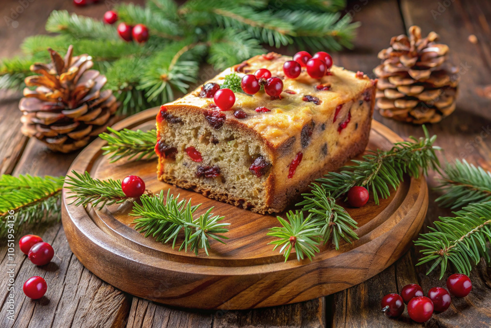 Rich fruitcake slice with holiday decor Rich fruitcake slice with holiday decor