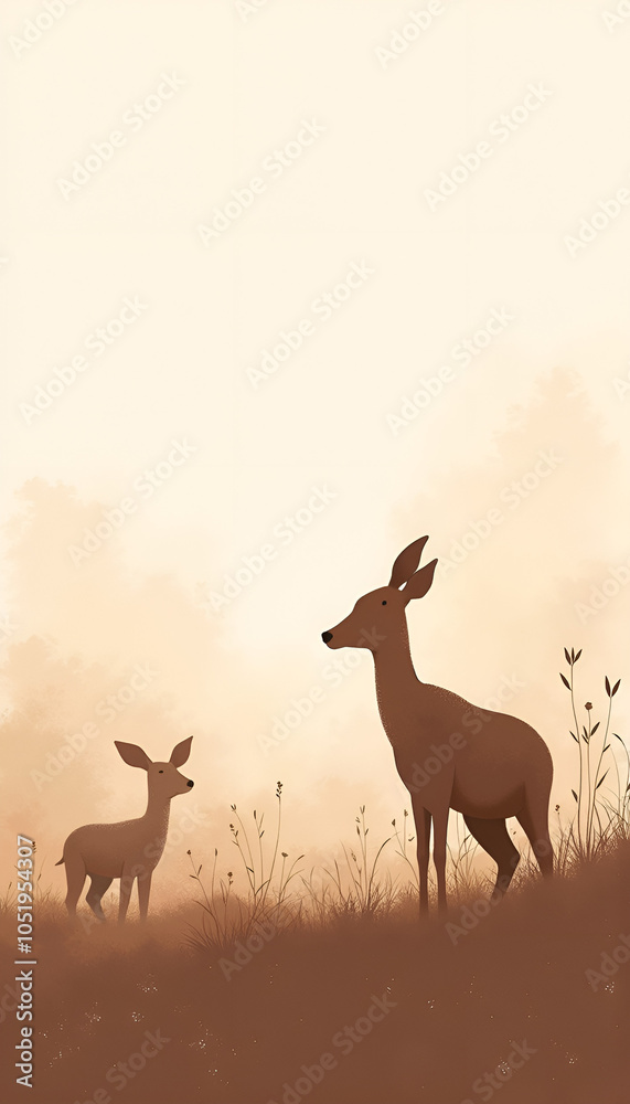 Naklejka premium deer in thSilhouettes of deer in a soft, misty landscape creating a serene and peaceful atmospheree woods