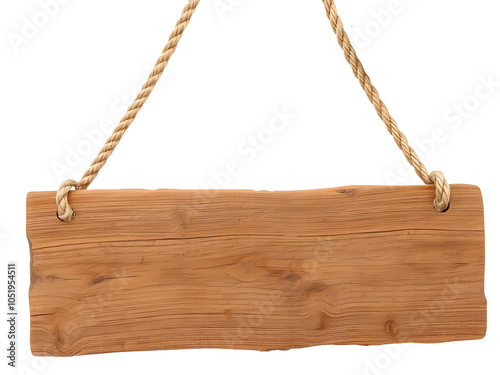 A blank brown wooden sign hanging from a rope, ready for your message