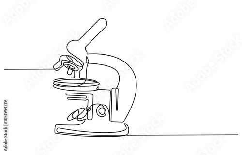 One continuous line. Microscope. Scientific instrument. Flat minimal icon. Continuous one line drawing of microscope laboratory. Microscope line art vector illustration