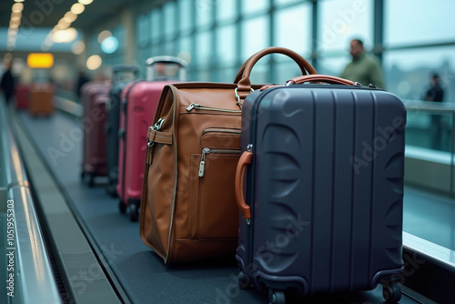 modern airport baggage claim area on the conveyor belt Background features blurred travelers and luggage
