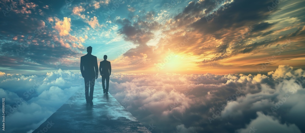 Fototapeta premium Men walking on clouds towards sunset, dramatic sky, serene atmosphere