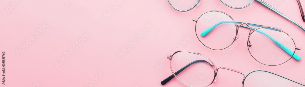 A collection of stylish eyeglasses on a pink background. A collection of stylish eyeglasses on a pink background.