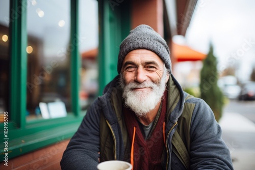 Portrait of a senior man drinking coffee in a city street.