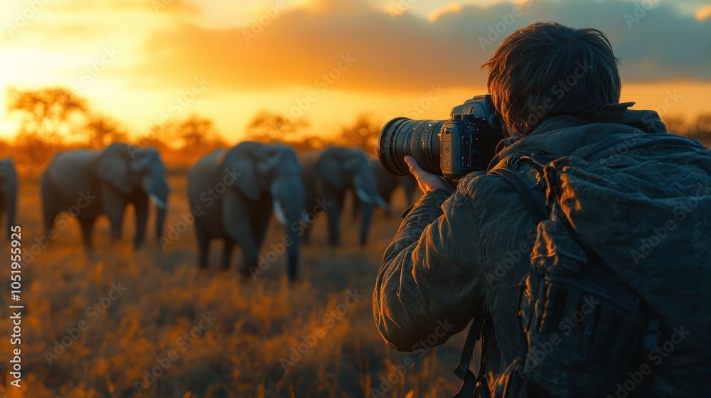 Photographer capturing elephants during a sunset in the wild. Photographer capturing elephants during a sunset in the wild.
