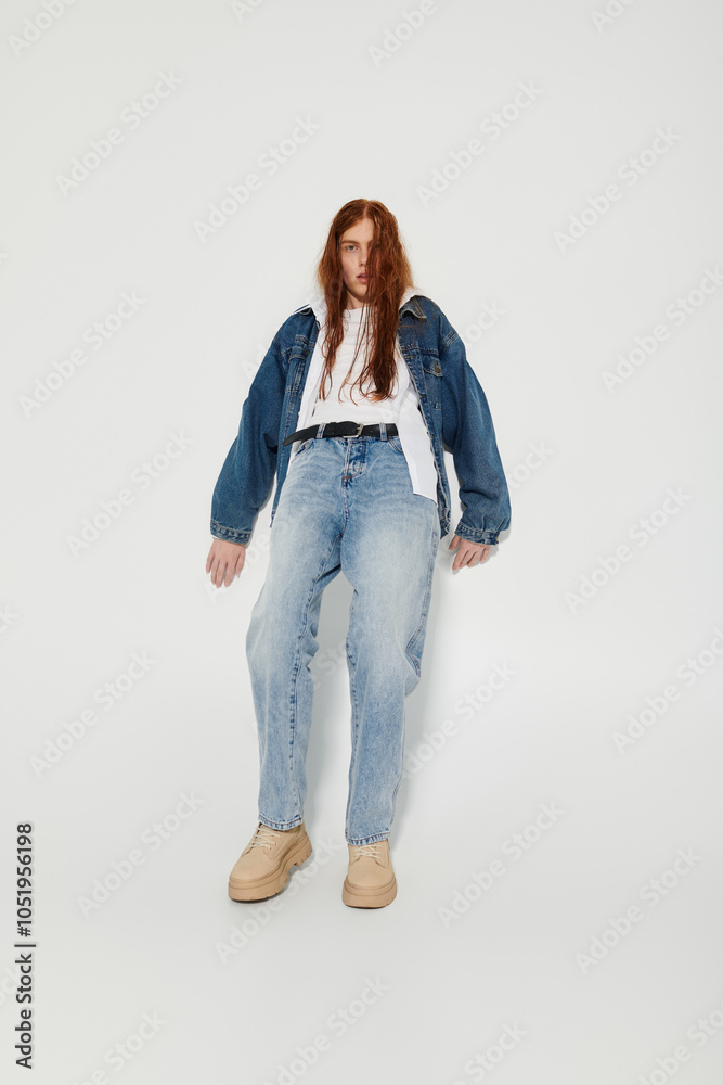 A teenage boy with vibrant red hair poses confidently in a stylish denim outfit, showcasing his flair in a studio. A teenage boy with vibrant red hair poses confidently in a stylish denim outfit, showcasing his flair in a studio.