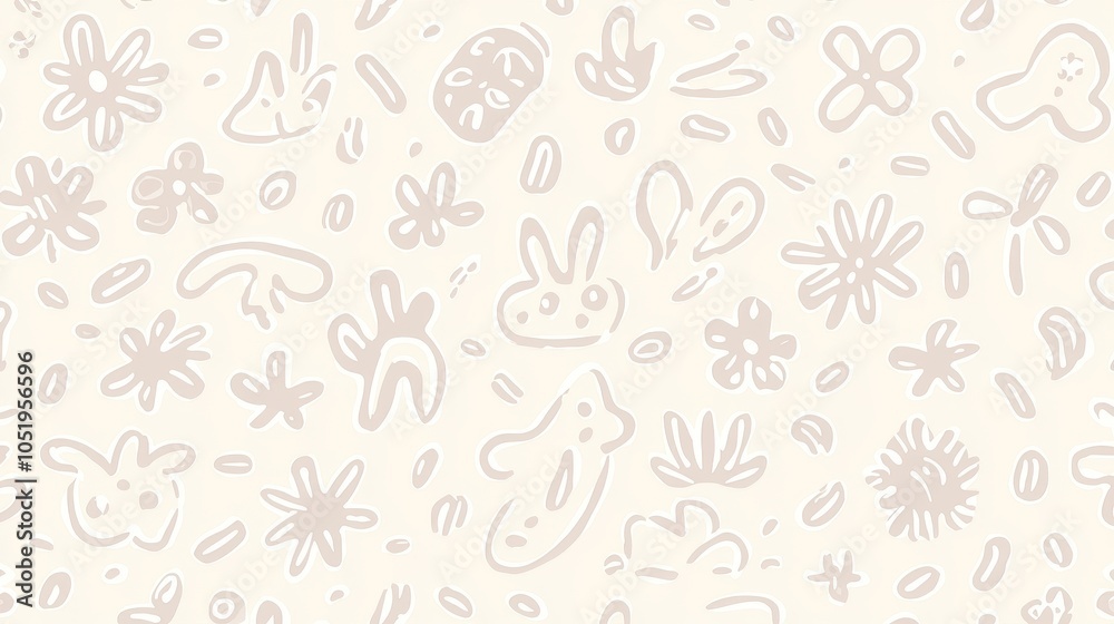 Naklejka premium Whimsical and playful pattern of simple shapes and floral elements on a soft background for creative design inspiration