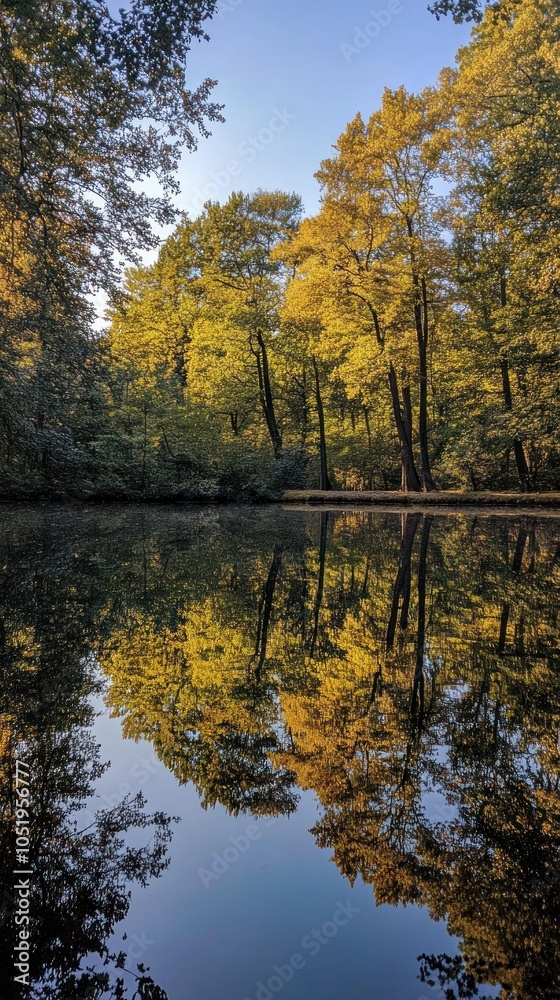 Serene lake reflecting vibrant autumn trees in a peaceful natural setting. Serene lake reflecting vibrant autumn trees in a peaceful natural setting.