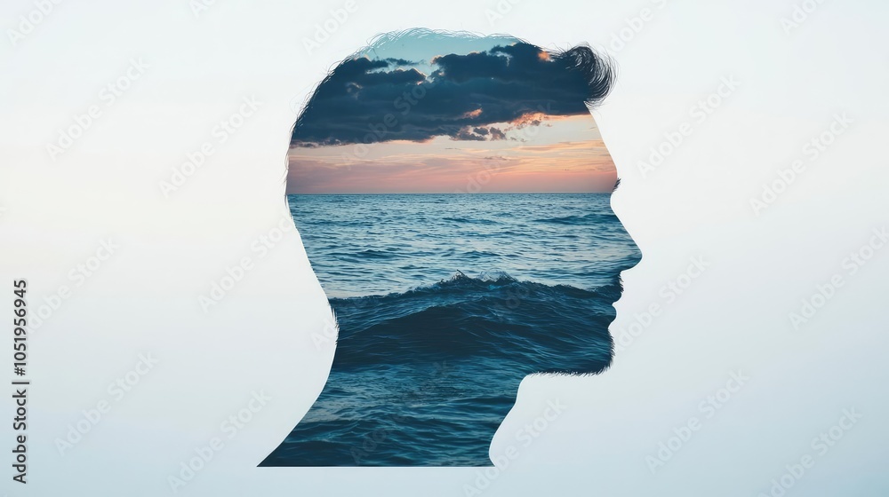 Silhouette of a man filled with ocean and sunset imagery, white isolated background. Silhouette of a man filled with ocean and sunset imagery, white isolated background.