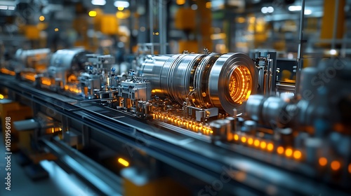 Close-up of a shiny metal part being manufactured on a production line in a factory with orange lights.