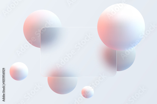 Abstract minimalistic background for glass morphism style presentation slide. Transparent plate and levitating sphere.