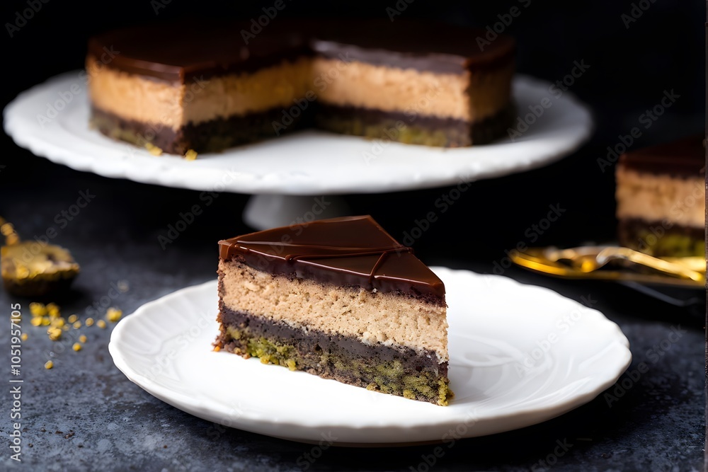 A slice of rich moist opera cake with thin layers of coffee and chocolate ganache beautifully plate, Ai Generated