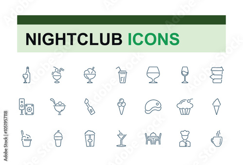 Bar And Nightclub line icons set. Contains related to bar, beers bottles, liqueur, can, wine, cocktail and more. Simple web icons. Vector illustration.