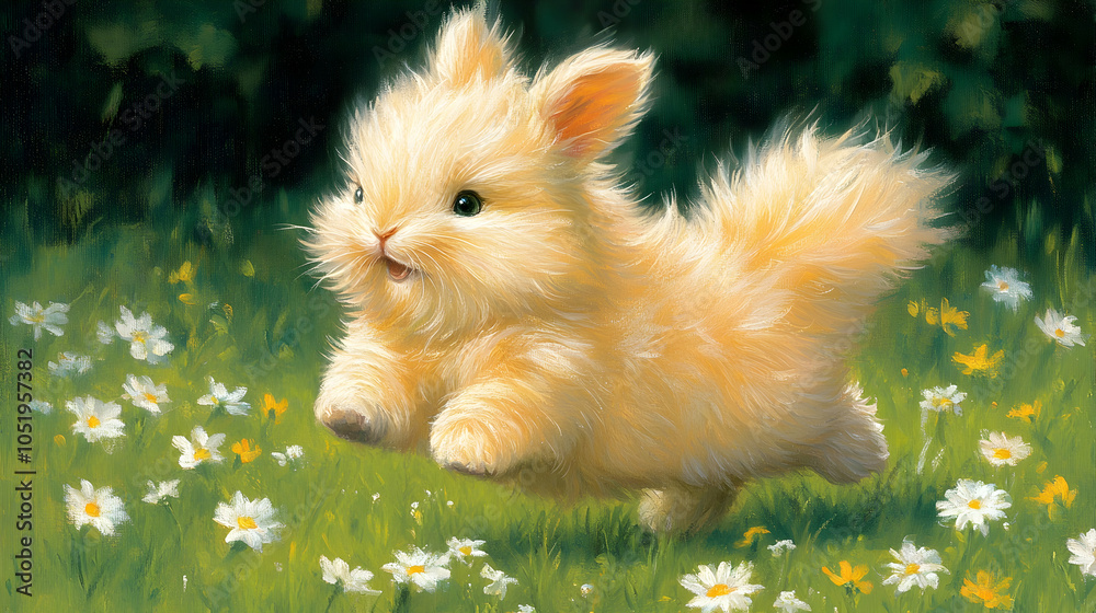A fluffy white bunny rabbit hops through a field of daisies. A fluffy white bunny rabbit hops through a field of daisies.