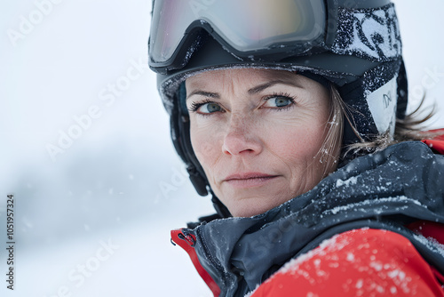 Portrait of Mature woman wearing helmet and ski clothes in the snowy mountains photo