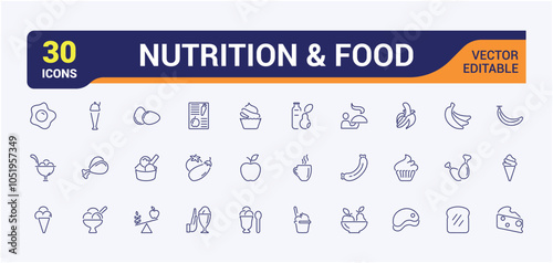 Set of Food and nutrition line icons. Related to trans fat, slim, nutrition, vegetarian, weig, salad, microflora and more. Modern thin icons. Editable stroke.