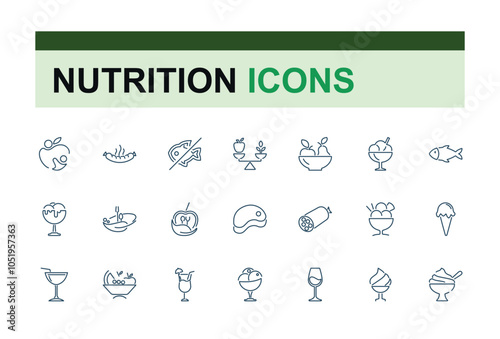 Set of Food and nutrition line icons. Related to trans fat, slim, nutrition, vegetarian, weig, salad, microflora and more. Modern thin icons. Editable stroke.