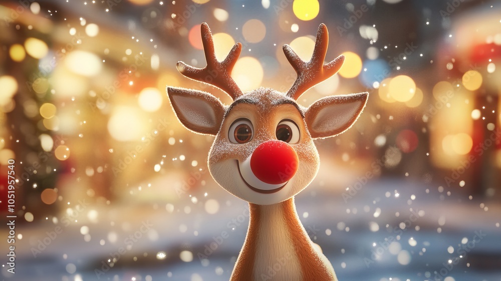 Happy Reindeer in Front of a Christmas Store with Snowfall. AI generated illustration Happy Reindeer in Front of a Christmas Store with Snowfall. AI generated illustration