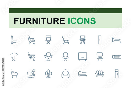 furniture and home line icons set. Featuring home, indoor, interior, comfort, decoration, equipment, furniture and more. Thin outline icons pack. Vector illustration in modern line style.