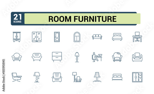 Home Furnishing line icon collections. Related to improvement, bedroom, decoration, furnishing, bathroom and more. Isolated icons design. Editable vector icon and illustration.