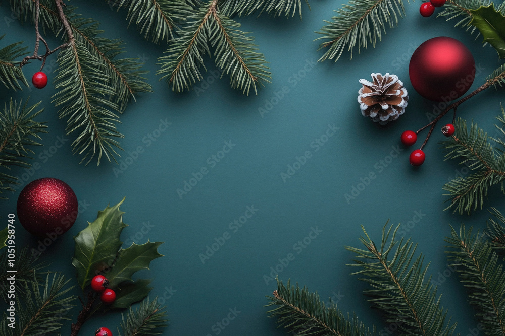 A Christmas tree with red and green decorations. The tree is surrounded by a blue background. The red and green decorations include a red ball and a green pinecone A Christmas tree with red and green decorations. The tree is surrounded by a blue background. The red and green decorations include a red ball and a green pinecone