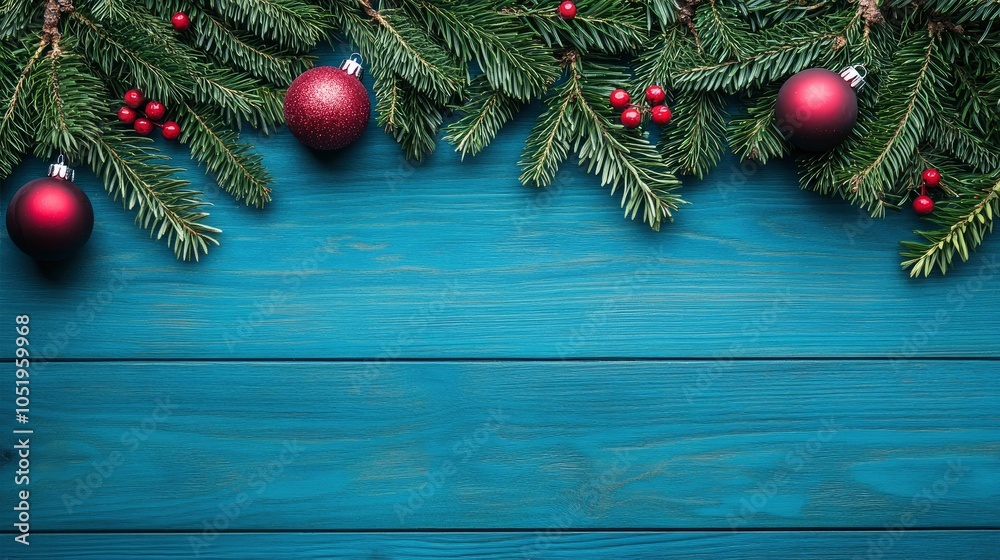 Blue Christmas frame with green branches and Christmas decoration. The composition is at the top of an horizontal frame leaving useful copy space for text and/or logo