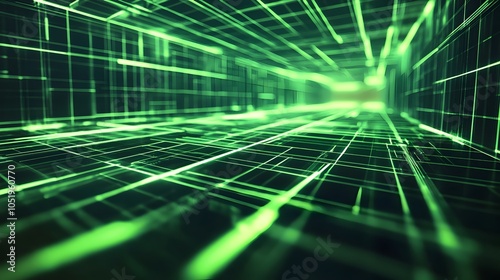 Futuristic 3D Perspective Grid with Glowing Green Lines Depicting a Virtual Reality Landscape