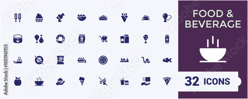 Set of Fast Food And Drinks solid icons. Includes flat solid eatery, ice, away fried, flat, thin, dessert take, delivery and more. Minimalist flat filled icon. Vector illustration.
