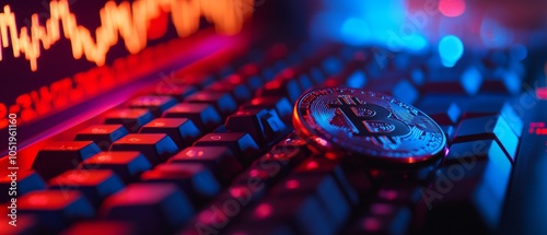 Close-up of a Bitcoin placed on a computer keyboard, surrounded by vibrant blue and red light, symbolizing cryptocurrency trading and market analytics. photo