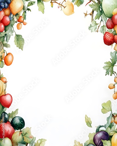 Watercolor Fruit Border Frame Fresh Produce Garden Design White Background