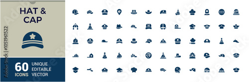 Hats And Cap filled icon collection. Includes icons for wear, turban, clothes, cap, head, doodle and more. Perfect for logos and infographics. Vector illustration in modern solid style.