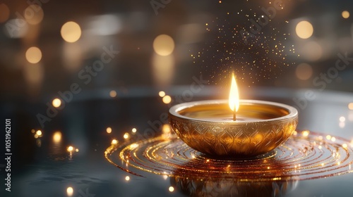 glowing diya sits on surface adorned with colorful rangoli patterns, surrounded by golden sparkles, creating warm and festive atmosphere. soft bokeh lights enhance serene ambiance