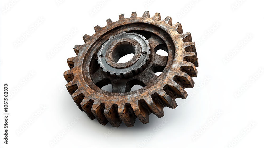 A rusty, worn gear lies on a white background, showcasing aged metal and intricate teeth, highlighting mechanical engineering and vintage aesthetics. A rusty, worn gear lies on a white background, showcasing aged metal and intricate teeth, highlighting mechanical engineering and vintage aesthetics.