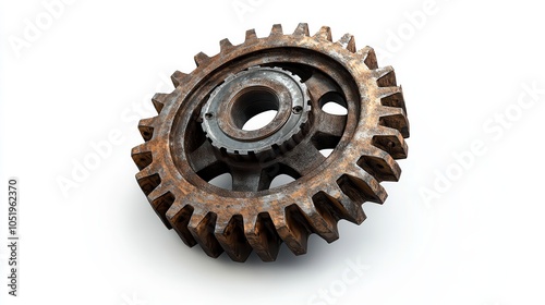 A rusty, worn gear lies on a white background, showcasing aged metal and intricate teeth, highlighting mechanical engineering and vintage aesthetics.