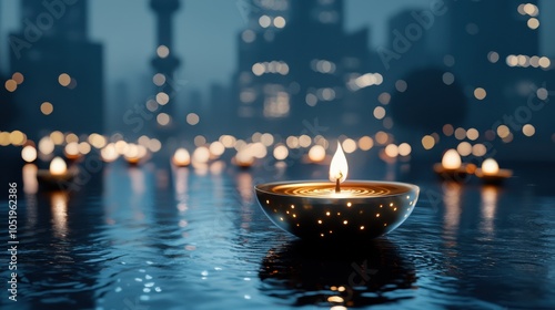 serene cityscape is illuminated by glowing diyas floating on water, creating festive atmosphere. blurred city lights in background add to enchanting scene photo